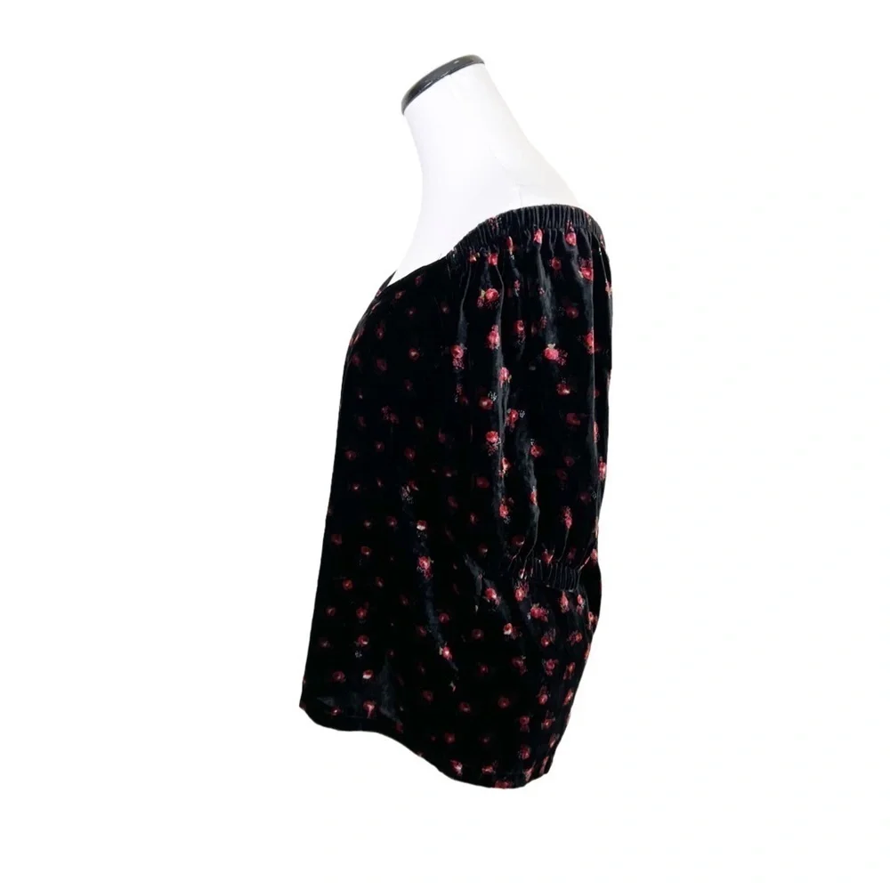 Ann Taylor Loft Velvet Floral Puff Sleeve V-Neck Blouse Black Red Size Medium - Picture 6 of 11